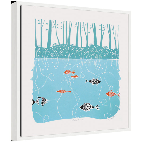 kate & laurel Sylvie Coastal Blue River Linocut Framed Canvas by Giuliana Lazzerini