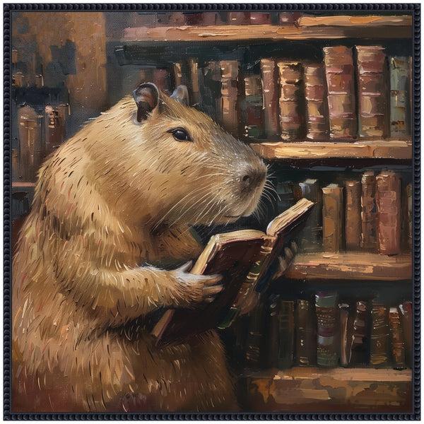 Kate & Laurel Sylvie Colorful Traditional Capybara Reading In Library Framed Canvas By The Creative Bunch Studio