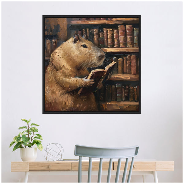 Kate & Laurel Sylvie Colorful Traditional Capybara Reading In Library Framed Canvas By The Creative Bunch Studio