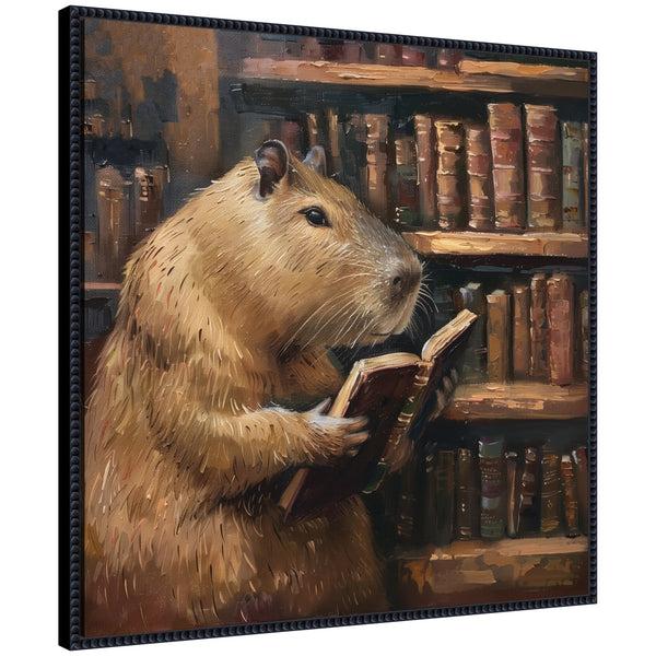 kate & laurel Sylvie Colorful Traditional Capybara Reading in Library Framed Canvas by The Creative Bunch Studio