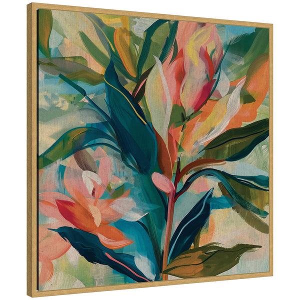 kate & laurel Sylvie Colorful Tropic Botanical Abstract Neutral Linen Framed Canvas by The Creative Bunch Studio