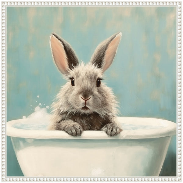 Kate & Laurel Sylvie Country Bunny White Bathtub Framed Canvas By The Creative Bunch Studio
