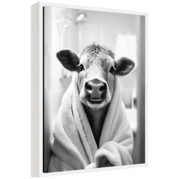 Kate & Laurel Sylvie Cow Bathroom Art Towel Robe Black And White Framed Canvas By The Creative Bunch Studio
