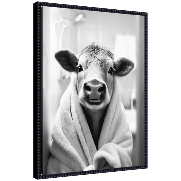 kate & laurel Sylvie Cow Bathroom Art Towel Robe Black and White Framed Canvas by The Creative Bunch Studio