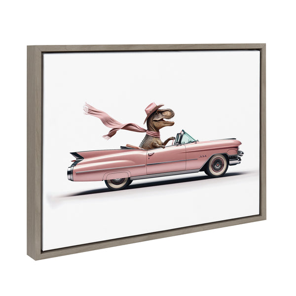 Kate & Laurel Sylvie Cowgirl Dino Driving 1950s Pink Cadillac Framed Canvas By Saint And Sailor Studios