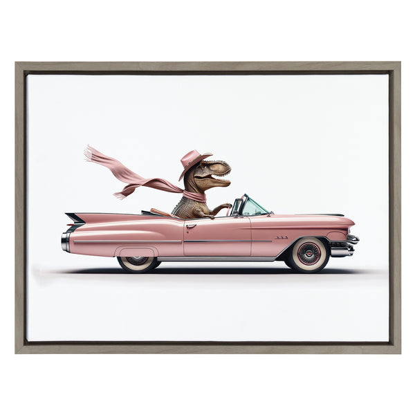 Kate & Laurel Sylvie Cowgirl Dino Driving 1950s Pink Cadillac Framed Canvas By Saint And Sailor Studios