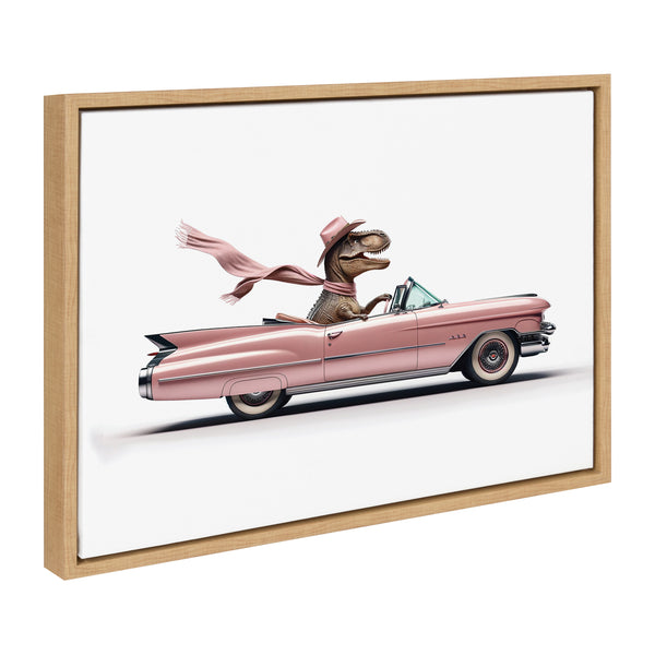 kate & laurel Sylvie Cowgirl Dino Driving 1950s Pink Cadillac Framed Canvas by Saint and Sailor Studios