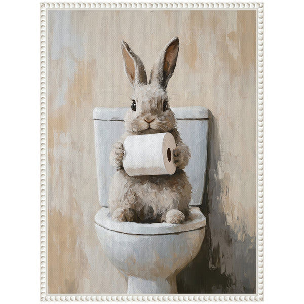 Kate & Laurel Sylvie Cute Bunny Toilet Paper Roll Toilet Bathroom Art Framed Canvas By The Creative Bunch Studio