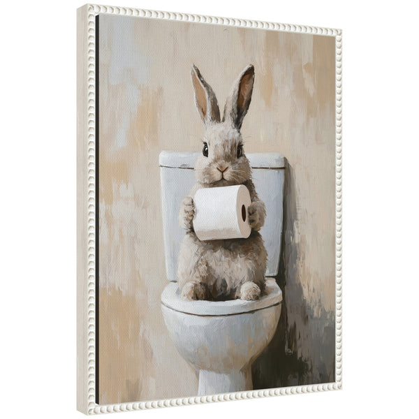 kate & laurel Sylvie Cute Bunny Toilet Paper Roll Toilet Bathroom Art Framed Canvas by The Creative Bunch Studio