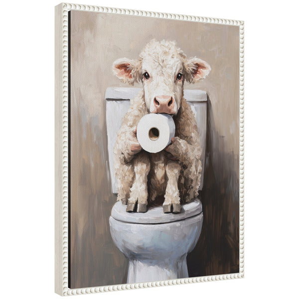 kate & laurel Sylvie Cute Cow Toilet Paper Roll Toilet Bathroom Art Framed Canvas by The Creative Bunch Studio