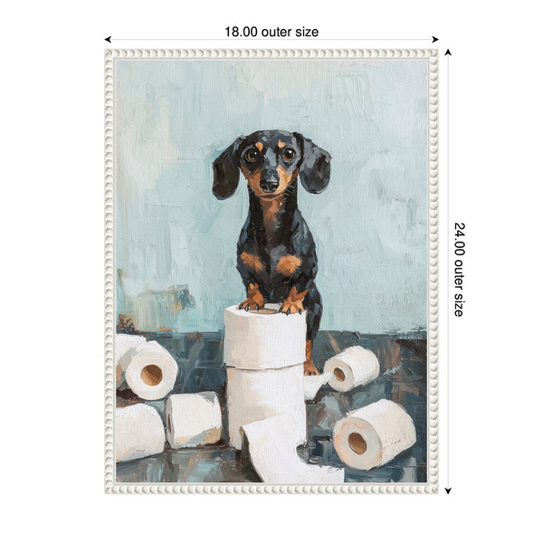 Kate & Laurel Sylvie Cute Dachshund Dog Toilet Paper Rolls Blue Teal Bathroom Art Framed Canvas By The Creative Bunch Studio