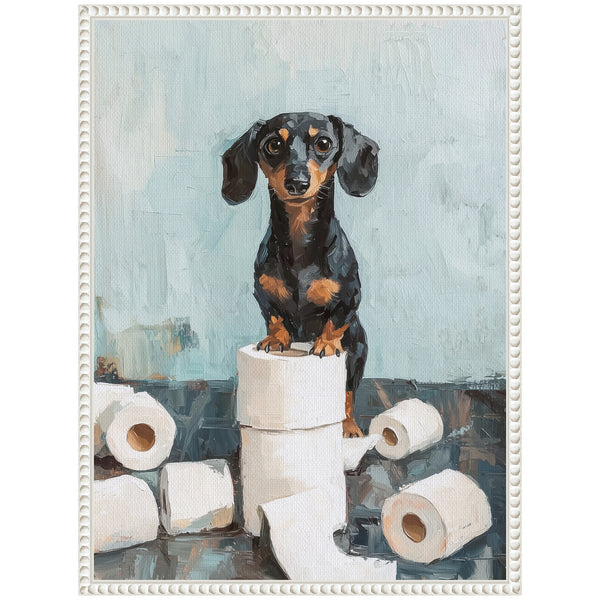 Kate & Laurel Sylvie Cute Dachshund Dog Toilet Paper Rolls Blue Teal Bathroom Art Framed Canvas By The Creative Bunch Studio