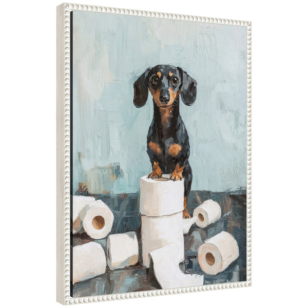 kate & laurel Sylvie Cute Dachshund Dog Toilet Paper Rolls Blue Teal Bathroom Art Framed Canvas by The Creative Bunch Studio