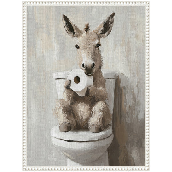 Kate & Laurel Sylvie Cute Donkey Holding Toilet Paper Roll Toilet Bathroom Art Framed Canvas By The Creative Bunch Studio