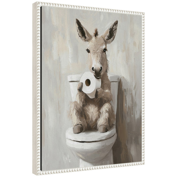 kate & laurel Sylvie Cute Donkey Holding Toilet Paper Roll Toilet Bathroom Art Framed Canvas by The Creative Bunch Studio