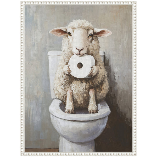 Kate & Laurel Sylvie Cute Sheep Holding Toilet Paper Roll Toilet Bathroom Art Framed Canvas By The Creative Bunch Studio
