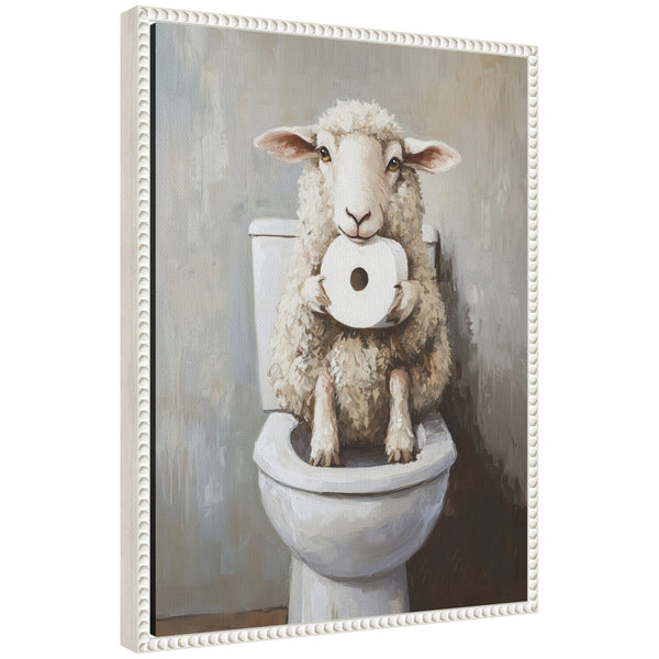 kate & laurel Sylvie Cute Sheep Holding Toilet Paper Roll Toilet Bathroom Art Framed Canvas by The Creative Bunch Studio