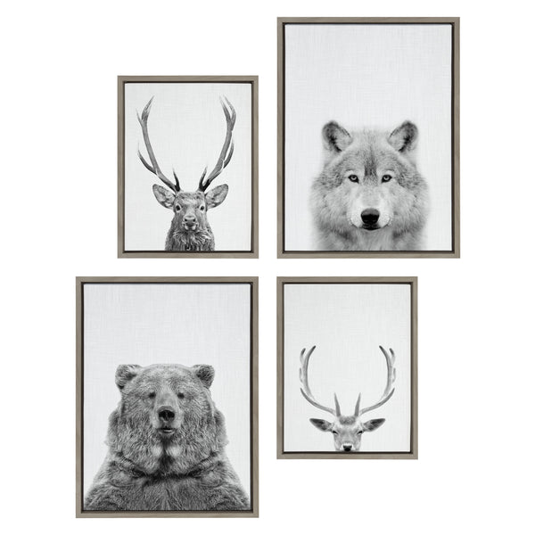 Kate & Laurel Sylvie Deer Wolf Bear European And Cervus Elaphus The Red Deer Black And White Framed Canvas Art Set By Simon Te Of Tai Prints