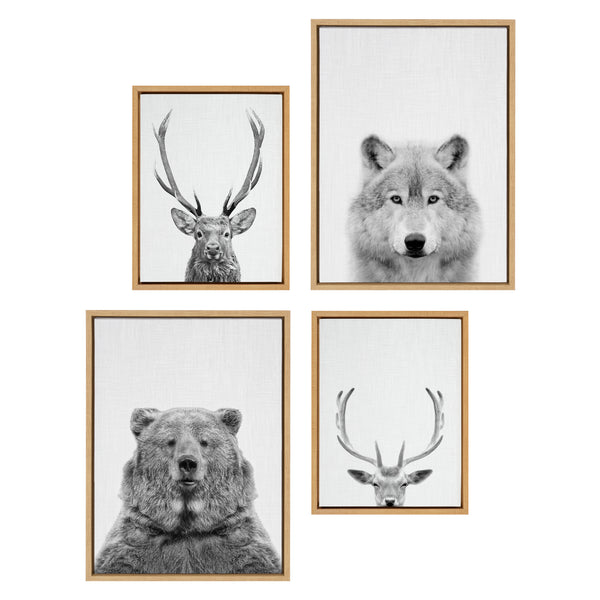 kate & laurel Sylvie Deer Wolf Bear European and Cervus Elaphus The Red Deer Black and White Framed Canvas Art Set by Simon Te of Tai Prints