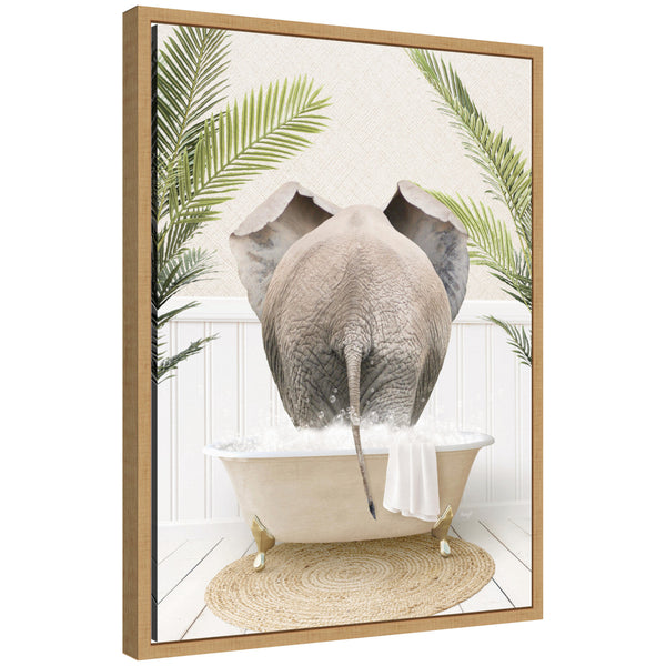 kate & laurel Sylvie Elephant Back in Palm Bathtub Framed Canvas by Amy Peterson