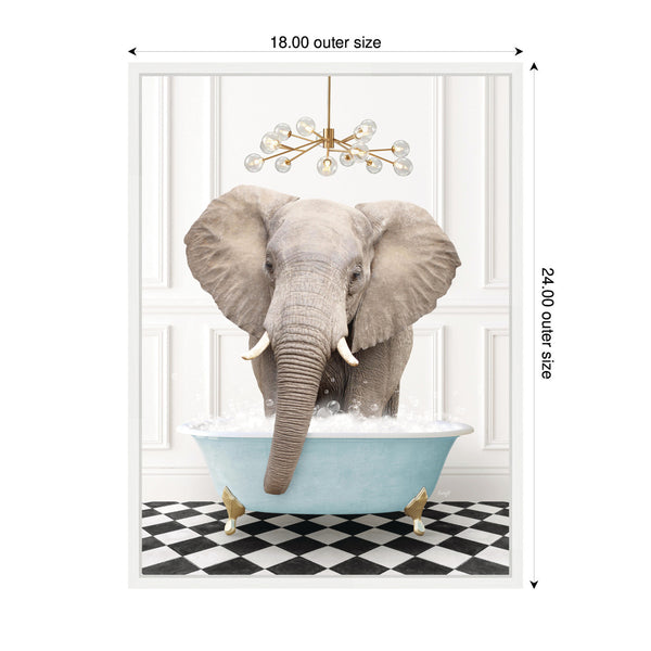 Kate & Laurel Sylvie Elephant Front In Blue Bathtub On Checker Floor Framed Canvas By Amy Peterson