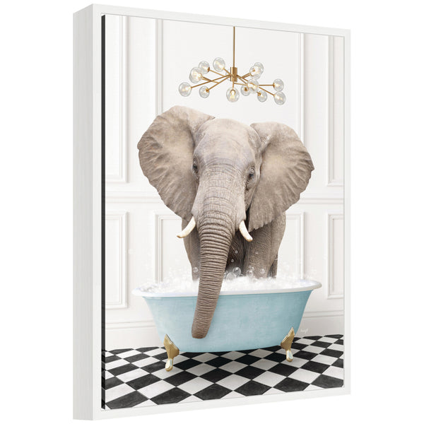 kate & laurel Sylvie Elephant Front in Blue Bathtub on Checker Floor Framed Canvas by Amy Peterson