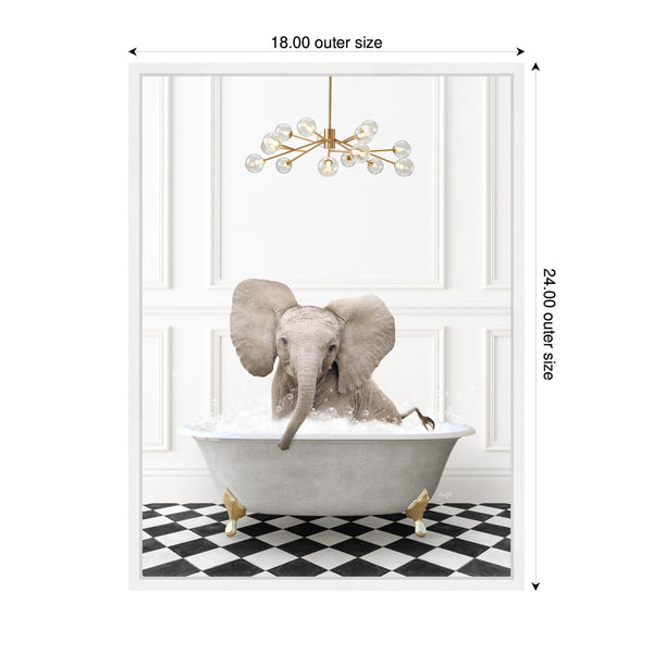 Kate & Laurel Sylvie Elephant In Gray Bathtub On Checker Floor Framed Canvas By Amy Peterson