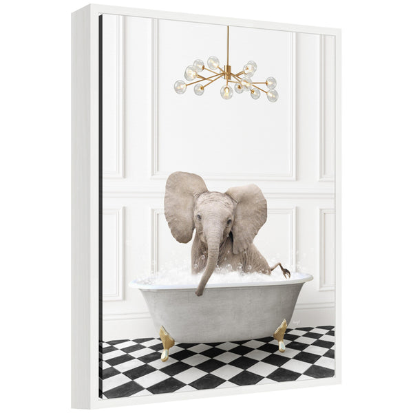 kate & laurel Sylvie Elephant in Gray Bathtub on Checker Floor Framed Canvas by Amy Peterson