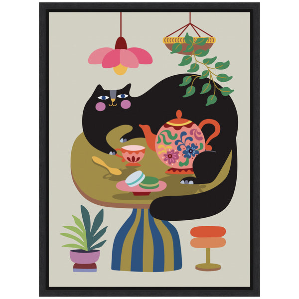 Kate & Laurel Sylvie Fat Cat Tea Party Framed Canvas By Rachel Lee