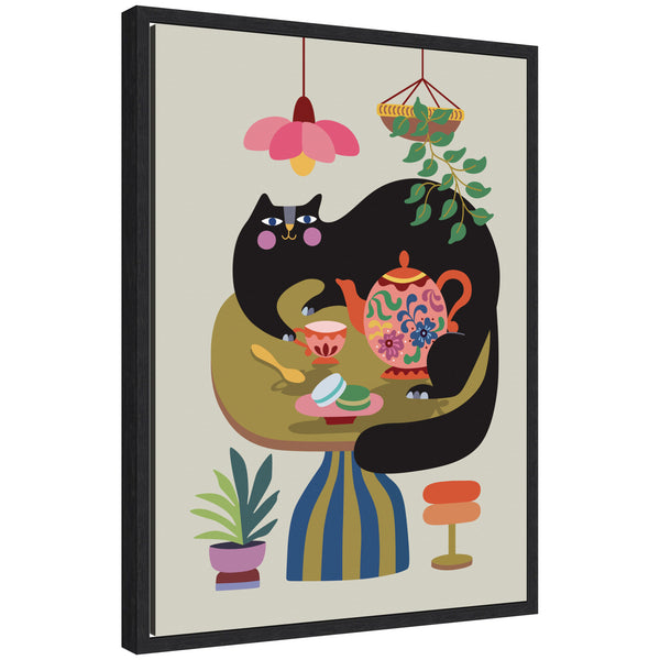 kate & laurel Sylvie Fat Cat Tea Party Framed Canvas by Rachel Lee