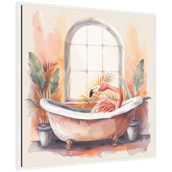 Kate & Laurel Sylvie Flamingo Bath Pastel Tropical Bathroom Watercolor Framed Canvas By The Creative Bunch Studio