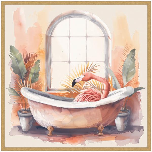 Kate & Laurel Sylvie Flamingo Bath Pastel Tropical Bathroom Watercolor Framed Canvas By The Creative Bunch Studio