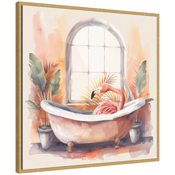 kate & laurel Sylvie Flamingo Bath Pastel Tropical Bathroom Watercolor Framed Canvas by The Creative Bunch Studio