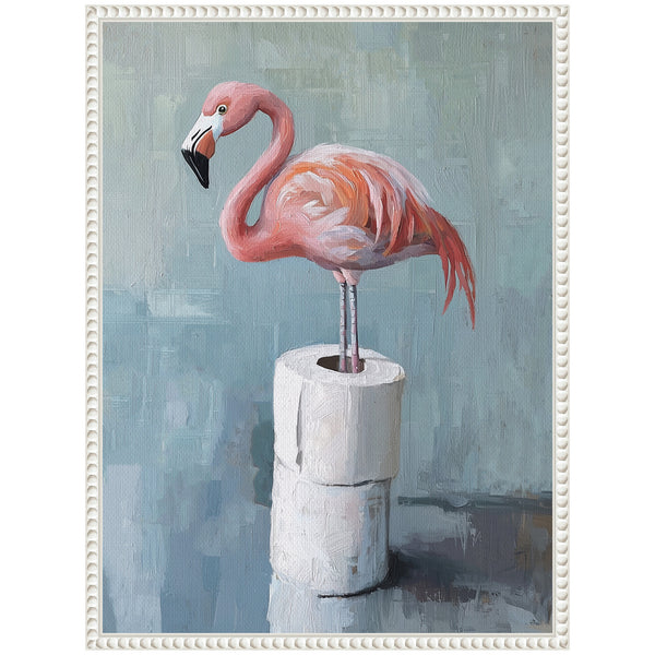 Kate & Laurel Sylvie Flamingo Standing With Toilet Paper Rolls Bathroom Art Framed Canvas By The Creative Bunch Studio