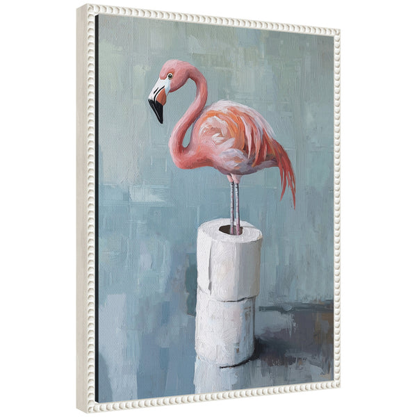 kate & laurel Sylvie Flamingo Standing with Toilet Paper Rolls Bathroom Art Framed Canvas by The Creative Bunch Studio