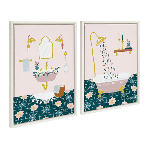 kate & laurel Sylvie Floral Sink and Floral Bath Framed Canvas Art Set by Leonora Jennifer Benza of Yellow Heart Art