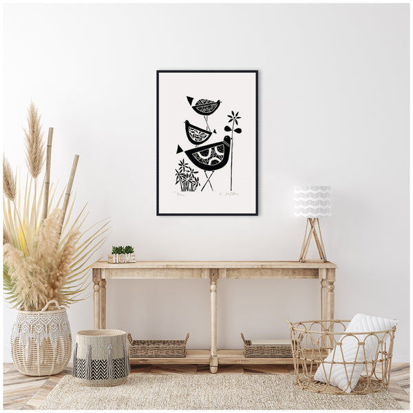 Kate & Laurel Sylvie Folk Bird Family Trio Linocut Framed Canvas By Giuliana Lazzerini