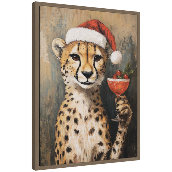 kate & laurel Sylvie Framed Canvas Cheetah Festive Cocktail Santa Hat by The Creative Bunch Studio