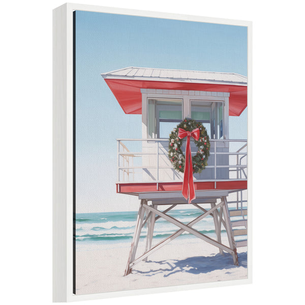 kate & laurel Sylvie Framed Canvas Holiday Wreath Beach Lifeguard Tower by The Creative Bunch Studio