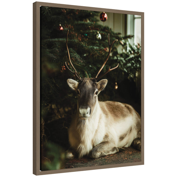 kate & laurel Sylvie Framed Canvas Reindeer Sitting Under a Christmas Tree by Michael Schauer