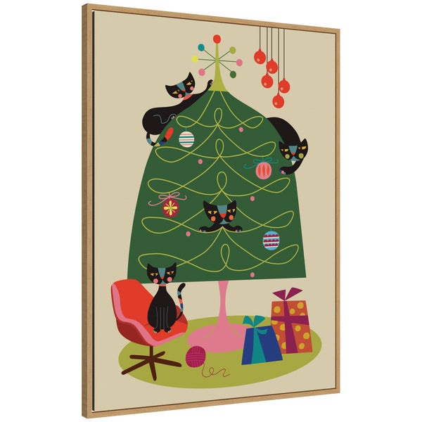 kate & laurel Sylvie Framed Canvas Retro Cats And Christmas Tree by Rachel Lee