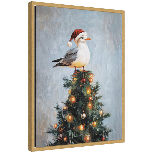 kate & laurel Sylvie Framed Canvas Seagull Santa Hat Festive Holiday Tree by The Creative Bunch Studio