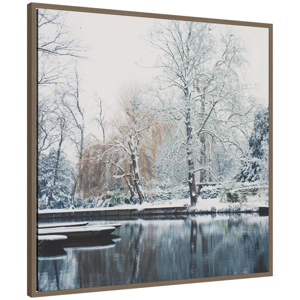 kate & laurel Sylvie Framed Canvas Snow Covered Punts on the River Cam by Laura Evans