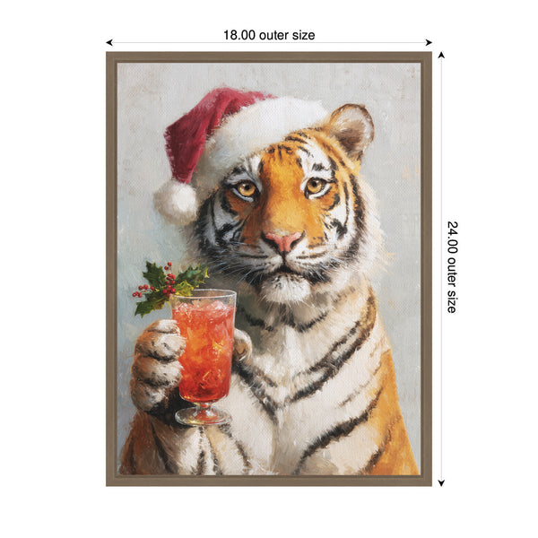 Kate & Laurel Sylvie Framed Canvas Tiger Festive Cocktail Santa Hat By The Creative Bunch Studio