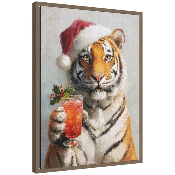 kate & laurel Sylvie Framed Canvas Tiger Festive Cocktail Santa Hat by The Creative Bunch Studio