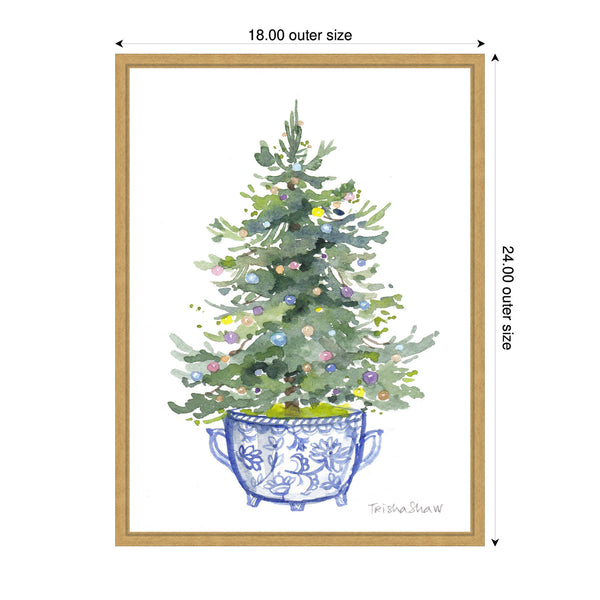 Kate & Laurel Sylvie Framed Canvas Traditional Christmas Tree In Blue Chinoiserie Pot By Patricia Shaw