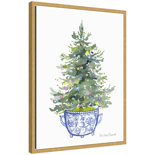 kate & laurel Sylvie Framed Canvas Traditional Christmas Tree In Blue Chinoiserie Pot by Patricia Shaw