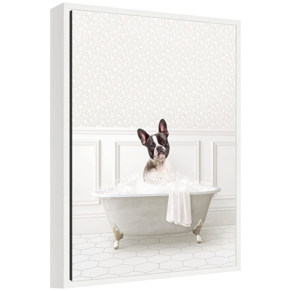 kate & laurel Sylvie French Bulldog in White Bathtub Framed Canvas by Amy Peterson