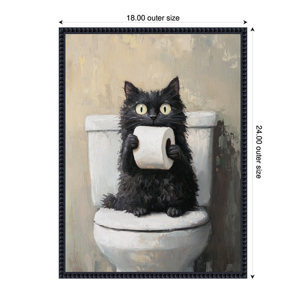 Kate & Laurel Sylvie Funny Black Cat Toilet Paper Roll Toilet Bathroom Art Framed Canvas By The Creative Bunch Studio