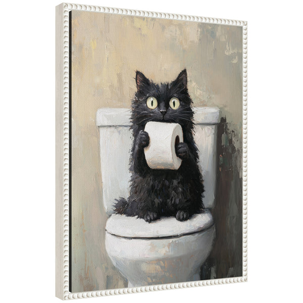 Kate & Laurel Sylvie Funny Black Cat Toilet Paper Roll Toilet Bathroom Art Framed Canvas By The Creative Bunch Studio